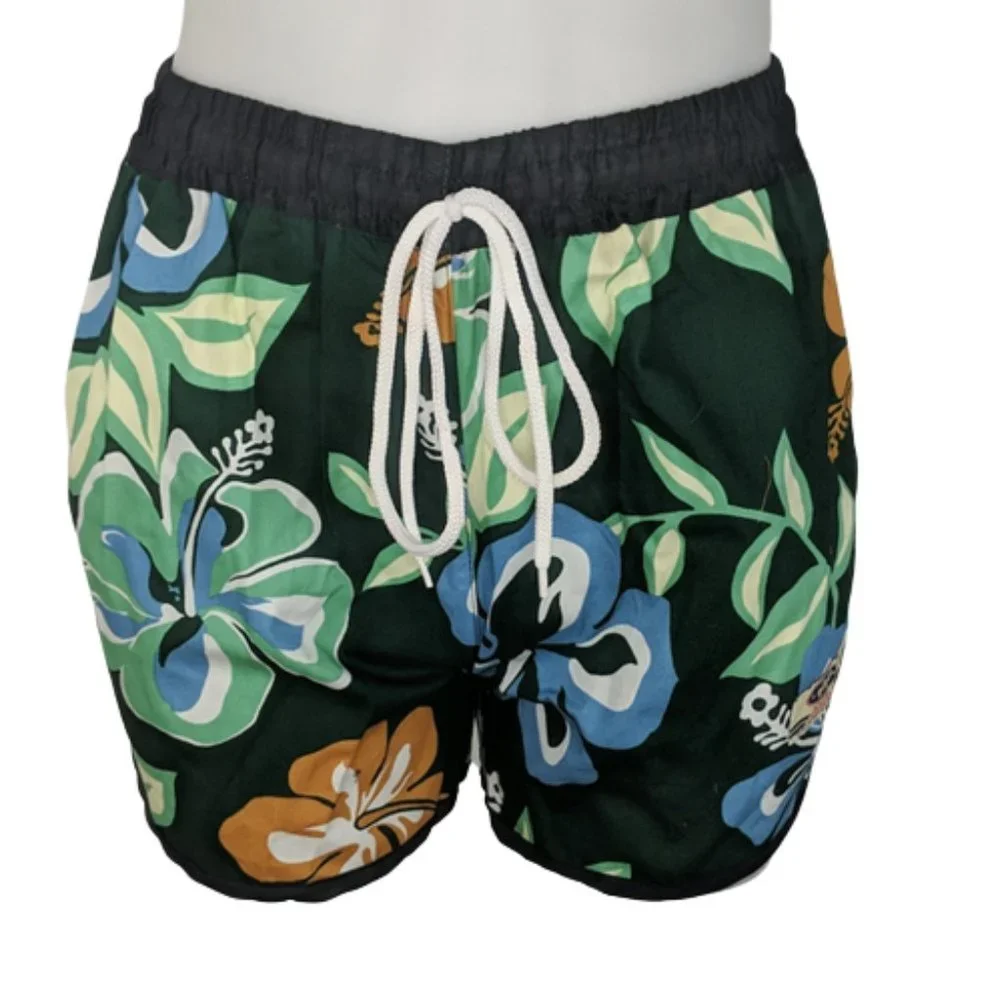 Women's Shorts Size Small Green Hawaiian Print Black Trim Elastic Waist Tie-up - Picture 1 of 8